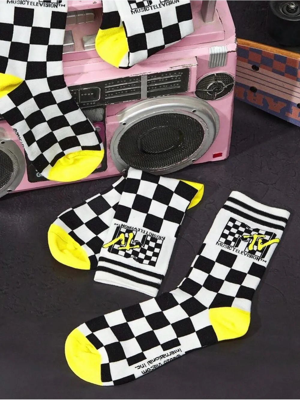 MTV Black, White & Yellow Checkerboard Crew Socks